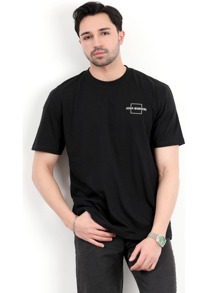 Erkek Bisiklet Yaka Marka Baskılı %100 Pamuklu T-Shirt Siyah - 2271-2