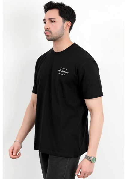 Erkek Bisiklet Yaka Marka Baskılı %100 Pamuklu T-Shirt Siyah - 2271-2