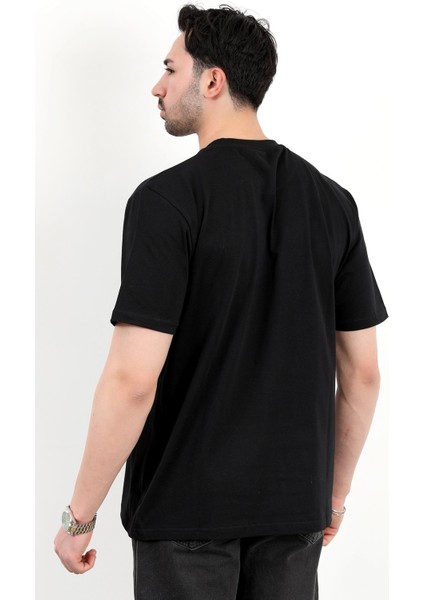 Erkek Bisiklet Yaka Marka Baskılı %100 Pamuklu T-Shirt Siyah - 2271-2