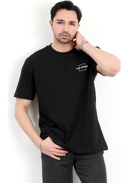 Erkek Bisiklet Yaka Marka Baskılı %100 Pamuklu T-Shirt Siyah - 2271-2