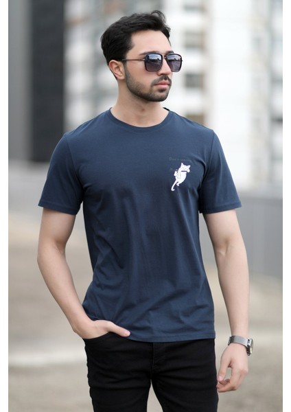 Erkek Bisiklet Yaka Kedi Dijital Baskılı T-Shirt Lacivert - 2020-3