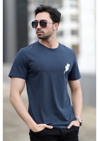 Erkek Bisiklet Yaka Kedi Dijital Baskılı T-Shirt Lacivert - 2020-3