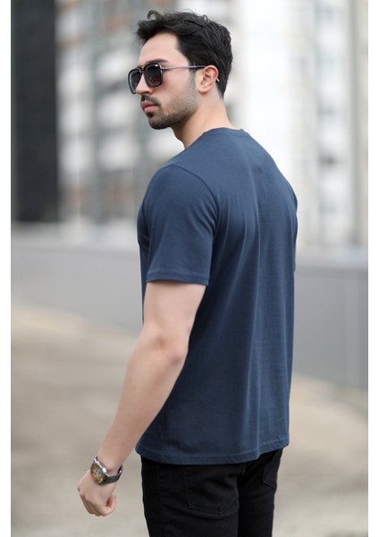 Erkek Bisiklet Yaka Kedi Dijital Baskılı T-Shirt Lacivert - 2020-3