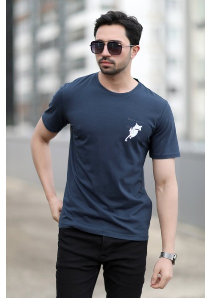 Erkek Bisiklet Yaka Kedi Dijital Baskılı T-Shirt Lacivert - 2020-3