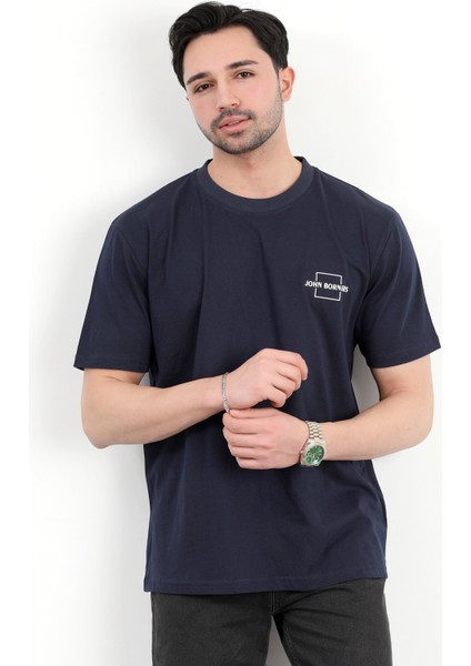 Erkek Bisiklet Yaka Marka Baskılı %100 Pamuklu T-Shirt Lacivert - 2271-2