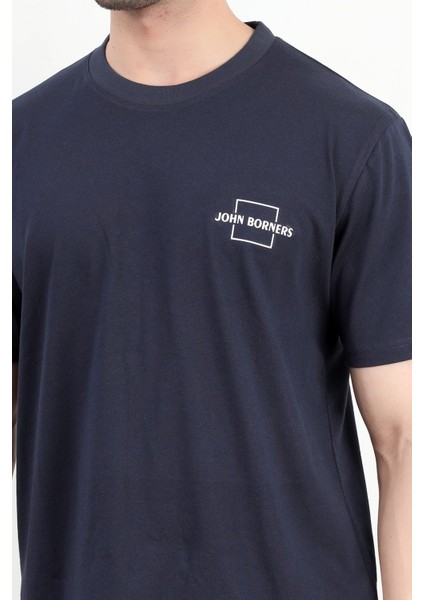 Erkek Bisiklet Yaka Marka Baskılı %100 Pamuklu T-Shirt Lacivert - 2271-2