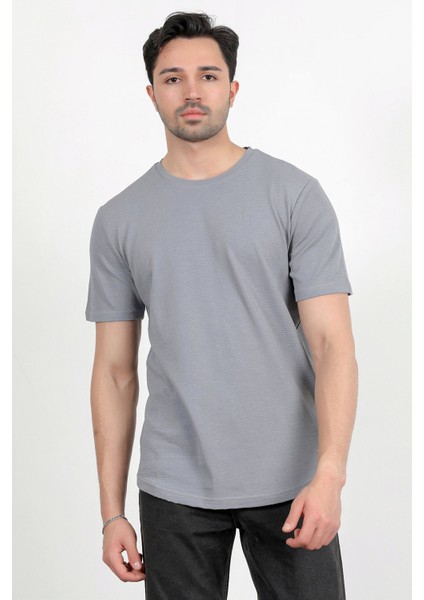 Erkek Bisiklet Yaka Etiket Detaylı Dokulu T-Shirt Açık Gri - 2743
