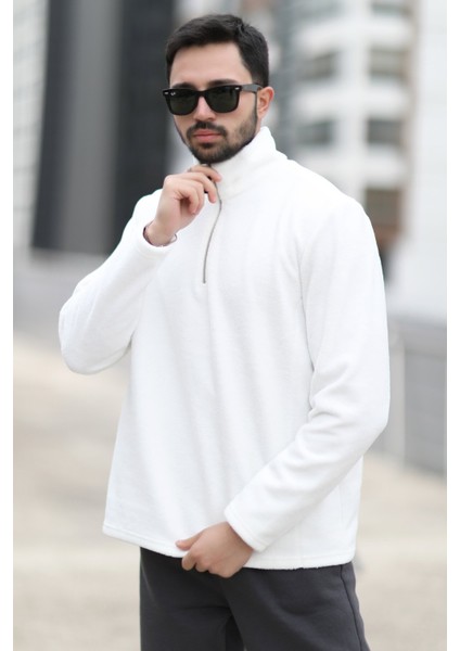 Erkek Kışlık Polarlı Sweatshirt Beyaz Yarım Fermuarlı Dik Yaka Boğazlı - 6053