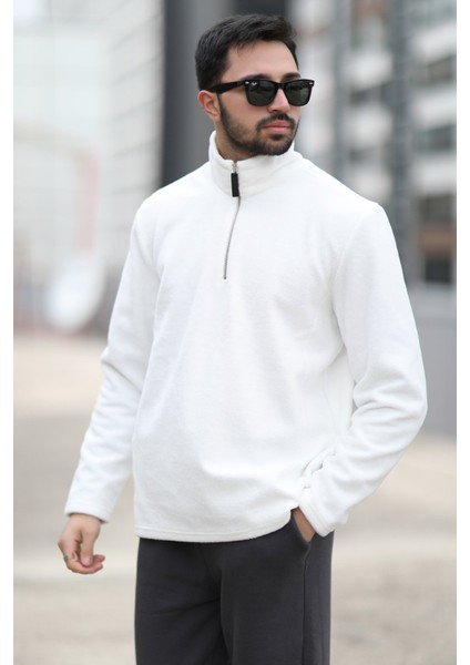Erkek Kışlık Polarlı Sweatshirt Beyaz Yarım Fermuarlı Dik Yaka Boğazlı - 6053
