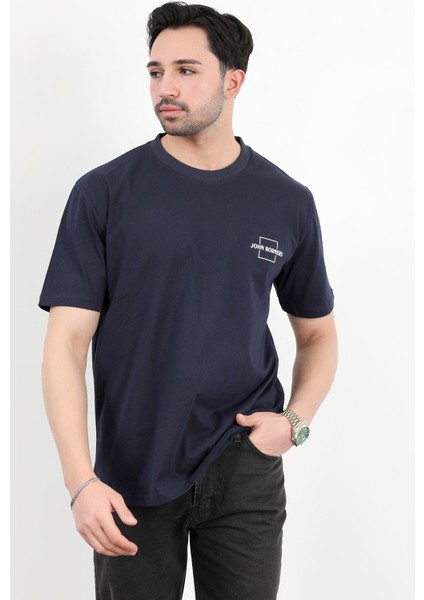 Erkek Bisiklet Yaka Marka Baskılı %100 Pamuklu T-Shirt Lacivert - 2271-2