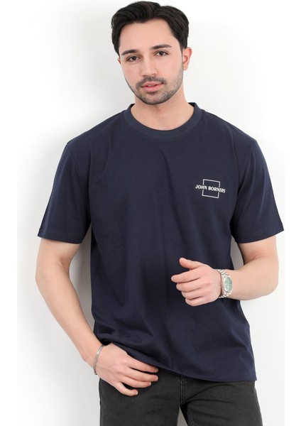 Erkek Bisiklet Yaka Marka Baskılı %100 Pamuklu T-Shirt Lacivert - 2271-2
