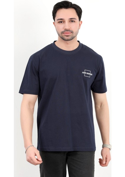 Erkek Bisiklet Yaka Marka Baskılı %100 Pamuklu T-Shirt Lacivert - 2271-2