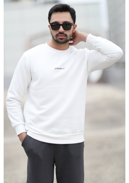 Erkek Bisiklet Yaka 3iplik Baskılı Sweatshirt Beyaz - 5012-1