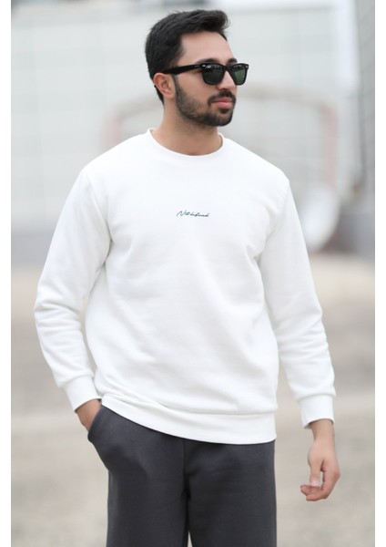 Erkek Bisiklet Yaka 3iplik Baskılı Sweatshirt Beyaz - 5012-1 fiyatları
