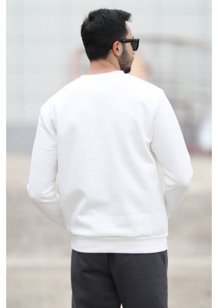 Erkek Bisiklet Yaka 3iplik Baskılı Sweatshirt Beyaz - 5012-1 modelleri