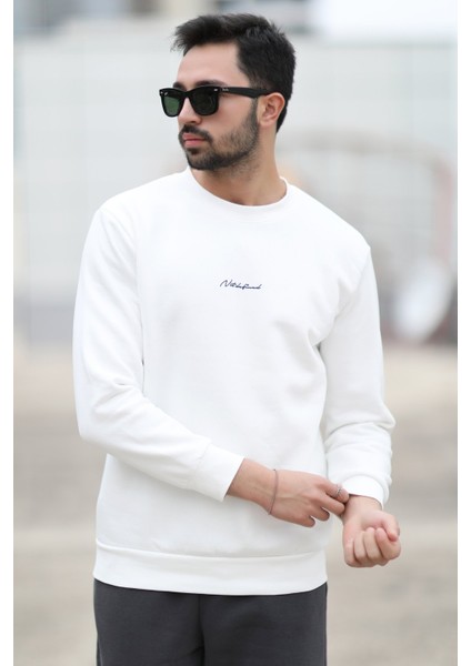 Erkek Bisiklet Yaka 3iplik Baskılı Sweatshirt Beyaz - 5012-1 fırsatları