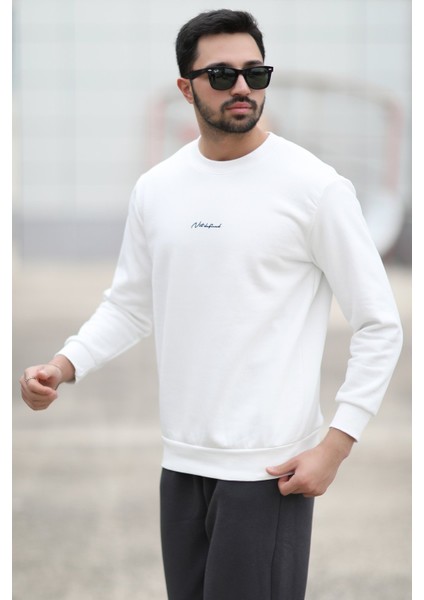Erkek Bisiklet Yaka 3iplik Baskılı Sweatshirt Beyaz - 5012-1 indirimleri
