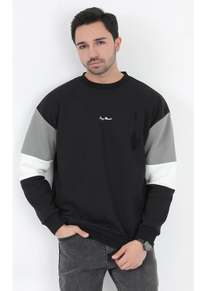 Erkek Bisiklet Yaka Sweatshirt Siyah 3 Iplik Kolu Garnili Oversize Pamuk Karışım - 5298