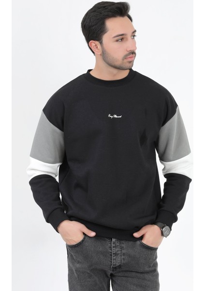 Erkek Bisiklet Yaka Sweatshirt Siyah 3 Iplik Kolu Garnili Oversize Pamuk Karışım - 5298 fiyatları