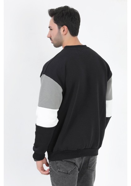 Erkek Bisiklet Yaka Sweatshirt Siyah 3 Iplik Kolu Garnili Oversize Pamuk Karışım - 5298 fırsatları