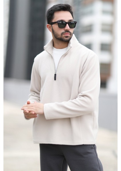 Erkek Kışlık Polarlı Sweatshirt Bej Yarım Fermuarlı Dik Yaka Boğazlı - 6053