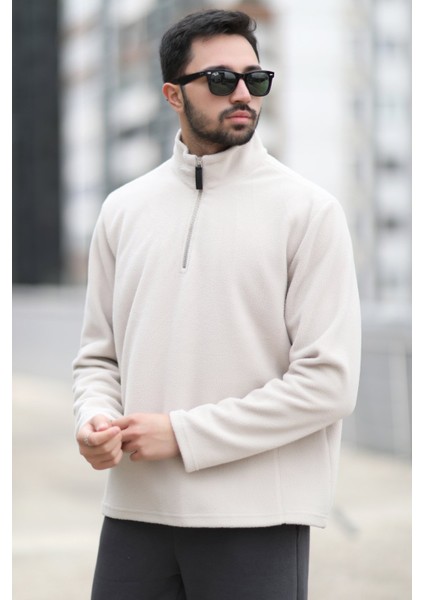 Erkek Kışlık Polarlı Sweatshirt Bej Yarım Fermuarlı Dik Yaka Boğazlı - 6053