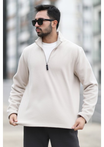 Erkek Kışlık Polarlı Sweatshirt Bej Yarım Fermuarlı Dik Yaka Boğazlı - 6053