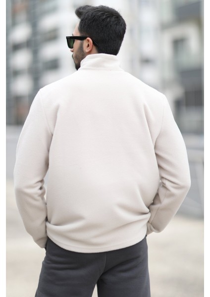 Erkek Kışlık Polarlı Sweatshirt Bej Yarım Fermuarlı Dik Yaka Boğazlı - 6053