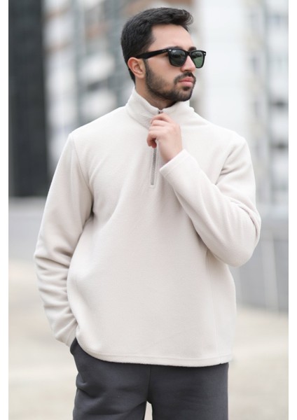 Erkek Kışlık Polarlı Sweatshirt Bej Yarım Fermuarlı Dik Yaka Boğazlı - 6053