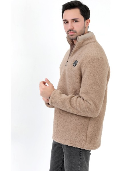 Erkek Peluş Sweatshirt Bej Yarım Fermuarlı Dik Yaka Nakış Detaylı - 9012