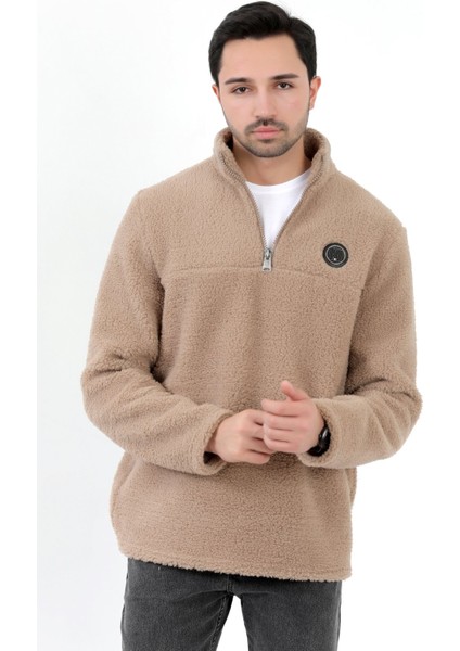 Erkek Peluş Sweatshirt Bej Yarım Fermuarlı Dik Yaka Nakış Detaylı - 9012