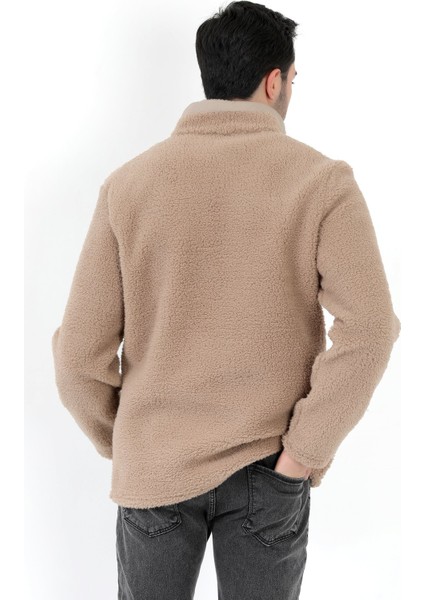 Erkek Peluş Sweatshirt Bej Yarım Fermuarlı Dik Yaka Nakış Detaylı - 9012