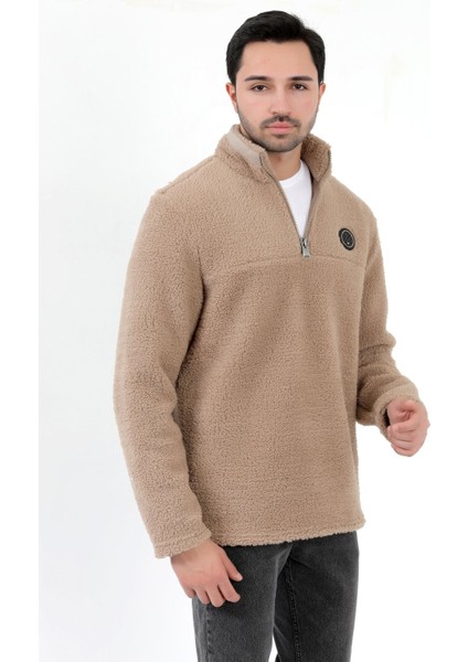 Erkek Peluş Sweatshirt Bej Yarım Fermuarlı Dik Yaka Nakış Detaylı - 9012