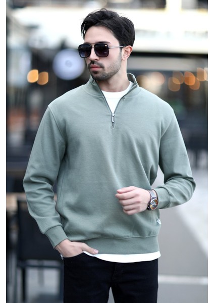 Erkek Dik Yaka Yarım Fermuarlı Dokulu Sweatshirt Haki - 5470