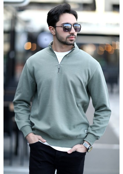 Erkek Dik Yaka Yarım Fermuarlı Dokulu Sweatshirt Haki - 5470