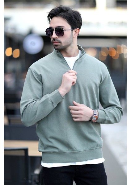 Erkek Dik Yaka Yarım Fermuarlı Dokulu Sweatshirt Haki - 5470