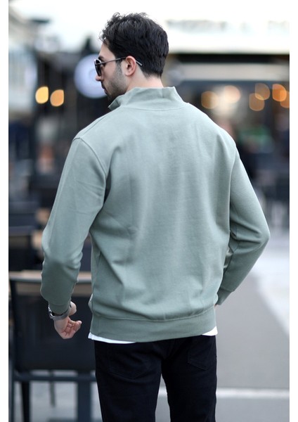 Erkek Dik Yaka Yarım Fermuarlı Dokulu Sweatshirt Haki - 5470