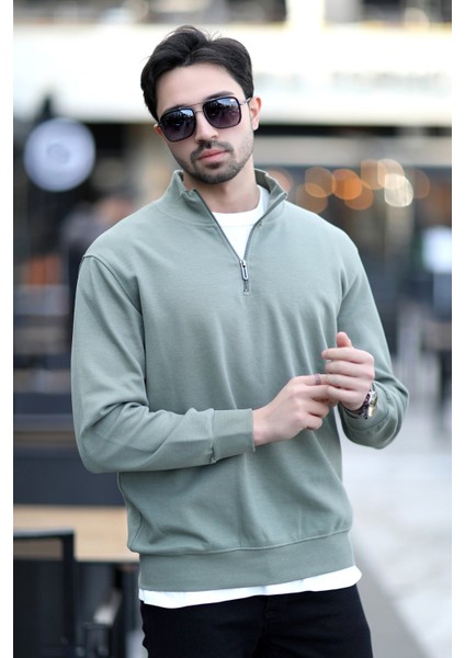 Erkek Dik Yaka Yarım Fermuarlı Dokulu Sweatshirt Haki - 5470
