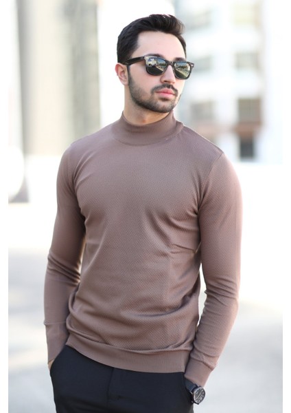 Erkek Yarım Balıkçı Yaka Kazak Kahverengi Pirinç Örgü %100 Mikro Flament Triko - 1045