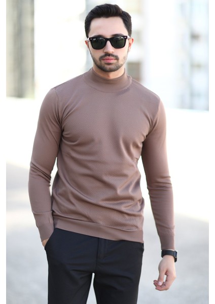 Erkek Yarım Balıkçı Yaka Kazak Kahverengi Pirinç Örgü %100 Mikro Flament Triko - 1045 fiyatları