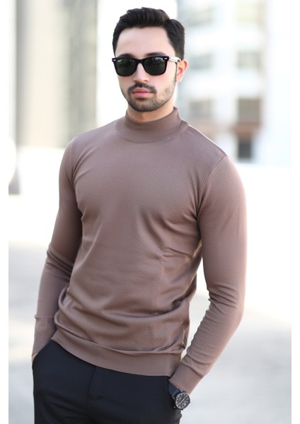 Erkek Yarım Balıkçı Yaka Kazak Kahverengi Pirinç Örgü %100 Mikro Flament Triko - 1045 modelleri