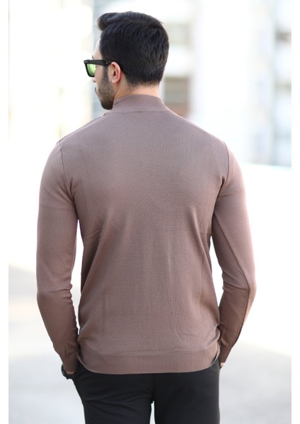 Erkek Yarım Balıkçı Yaka Kazak Kahverengi Pirinç Örgü %100 Mikro Flament Triko - 1045 fırsatları