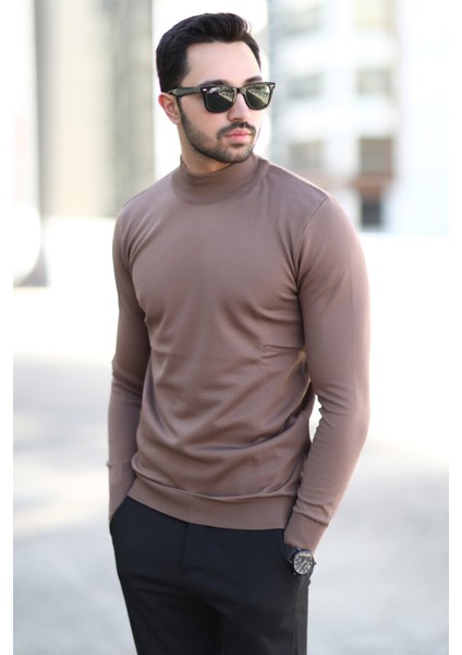 Erkek Yarım Balıkçı Yaka Kazak Kahverengi Pirinç Örgü %100 Mikro Flament Triko - 1045 indirimleri