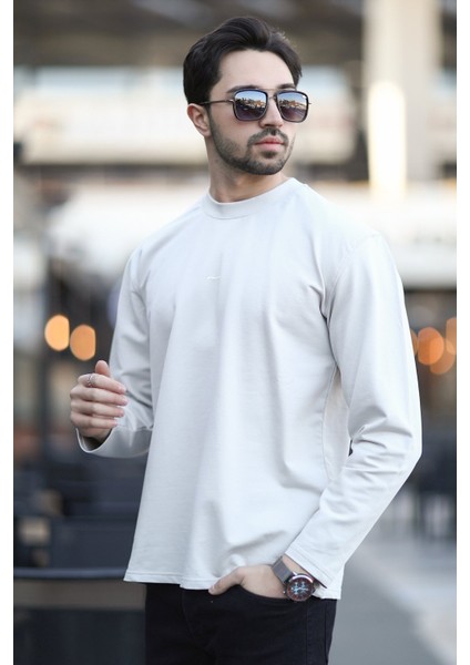 Erkek Bisiklet Yaka Baskı Detaylı 2iplik Sweatshirt Bej - 5725