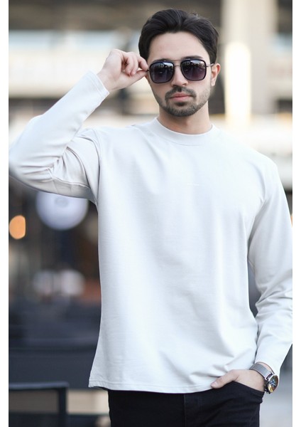 Erkek Bisiklet Yaka Baskı Detaylı 2iplik Sweatshirt Bej - 5725