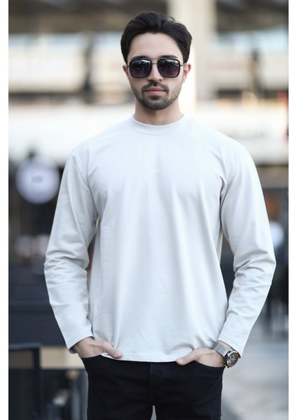 Erkek Bisiklet Yaka Baskı Detaylı 2iplik Sweatshirt Bej - 5725