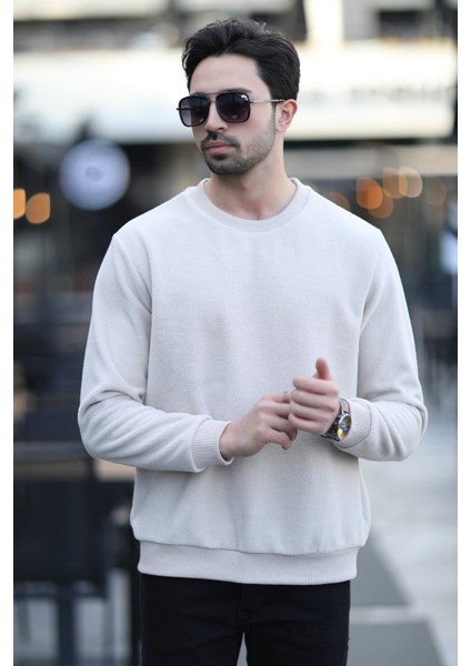 Erkek Bisiklet Yaka Intersoft Oversize Ribanalı Sweatshirt Bej - 5737