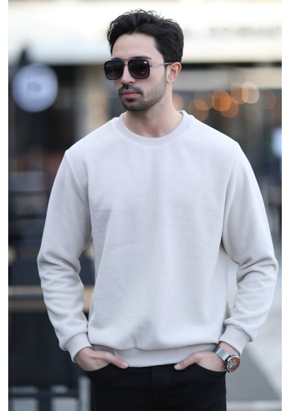 Erkek Bisiklet Yaka Intersoft Oversize Ribanalı Sweatshirt Bej - 5737 indirimleri