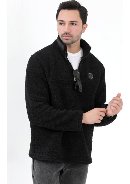 Erkek Peluş Sweatshirt Siyah Yarım Fermuarlı Dik Yaka Nakış Detaylı - 9012 fiyatları