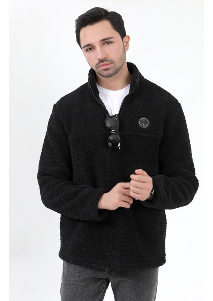 Erkek Peluş Sweatshirt Siyah Yarım Fermuarlı Dik Yaka Nakış Detaylı - 9012 modelleri